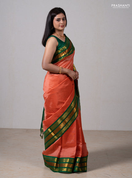 Orange & Green Silk Cotton Saree - Korvai