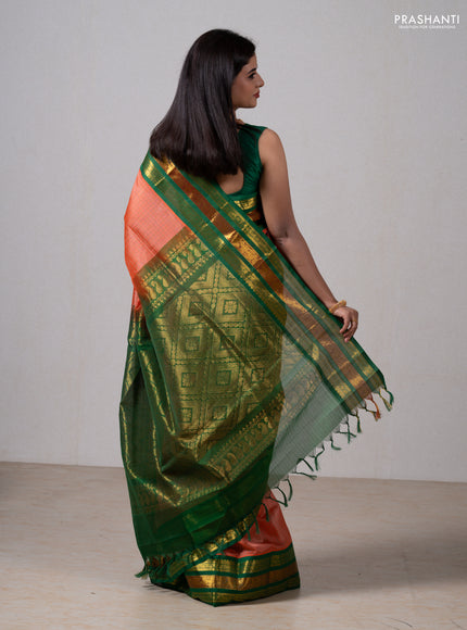 Orange & Green Silk Cotton Saree - Korvai