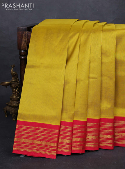 Mustard Green  & Red Silk Cotton Saree - Korvai