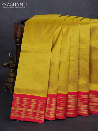 Mustard Green  & Red Silk Cotton Saree - Korvai