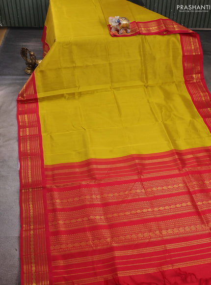 Mustard Green  & Red Silk Cotton Saree - Korvai