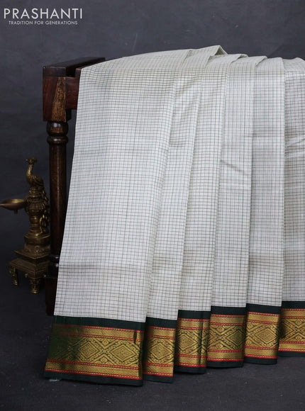 Off White & Green Silk Cotton Korvai - Checks