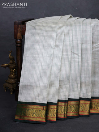 Off White & Green Silk Cotton Korvai - Checks