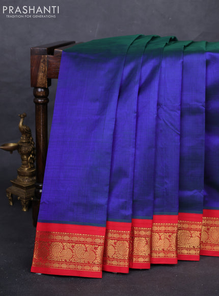 Blue & Red Silk Cotton Saree - Korvai