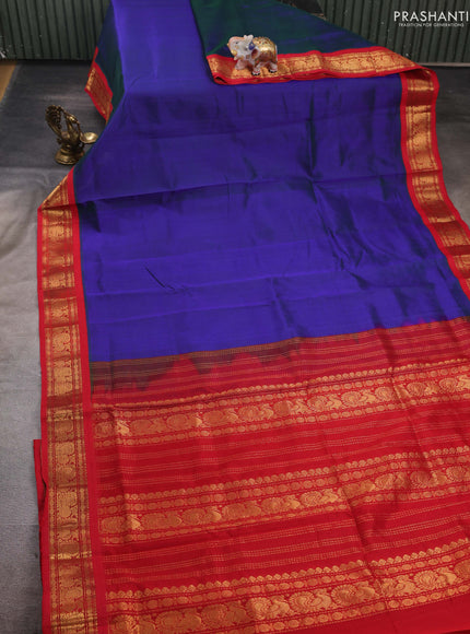 Blue & Red Silk Cotton Saree - Korvai