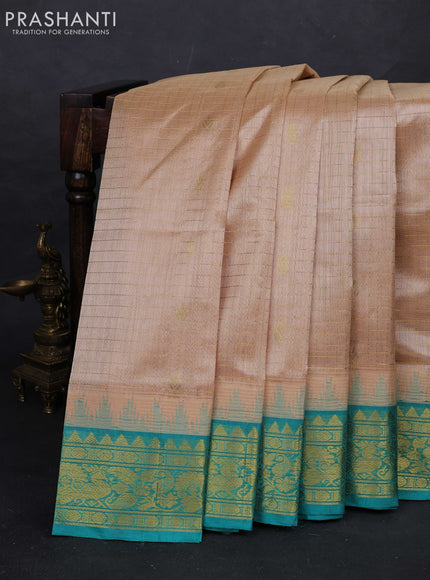 Beige & Teal Green Silk Cotton Korvai - Checks
