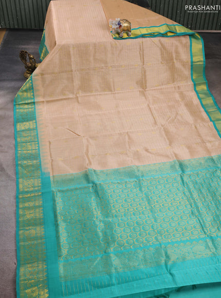 Beige & Teal Green Silk Cotton Korvai - Checks