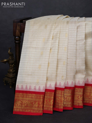 Cream & Red Silk Cotton Korvai - Checks