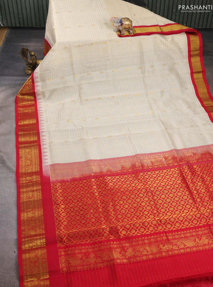 Cream & Red Silk Cotton Korvai - Checks