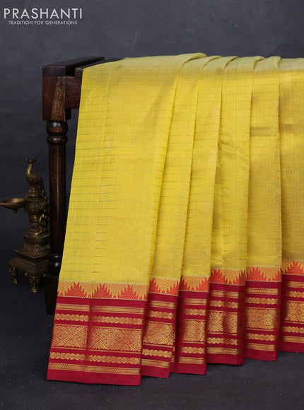 Pale Yellow & Maroon Silk Cotton Korvai - Checks