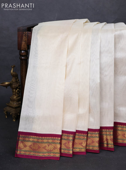 Cream & Purple Silk Cotton Saree - Korvai