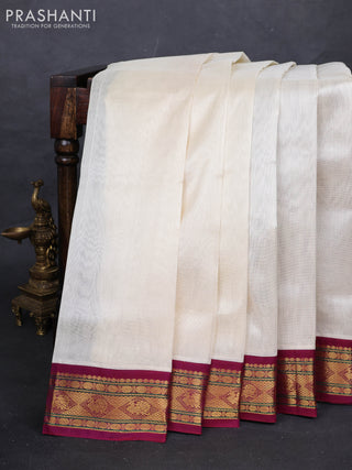Cream & Purple Silk Cotton Saree - Korvai