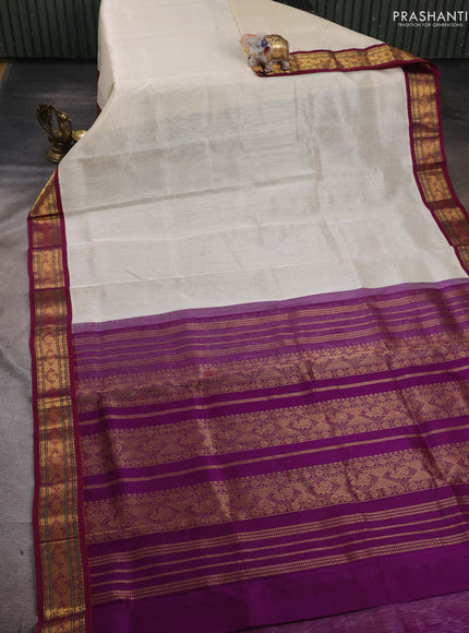 Cream & Purple Silk Cotton Saree - Korvai