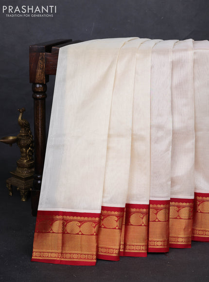 Cream & Red Silk Cotton Saree - Kuppadam