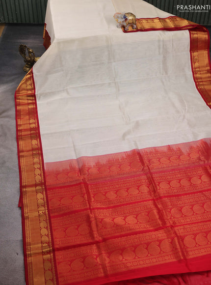 Cream & Red Silk Cotton Saree - Kuppadam
