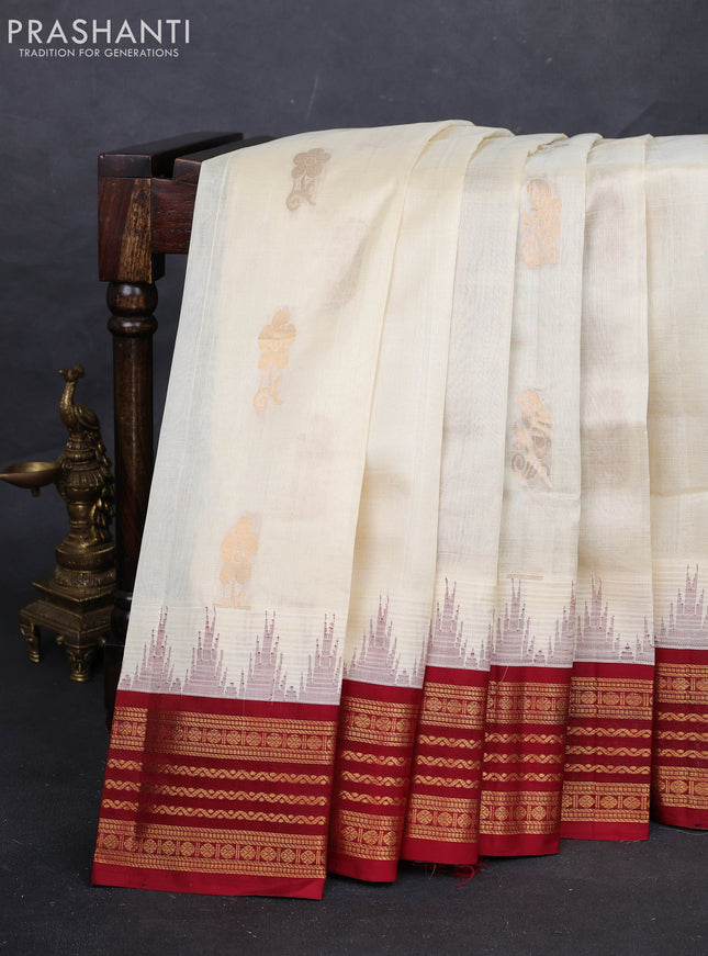 Cream & Maroon Silk Cotton Kuppadam - Buttas