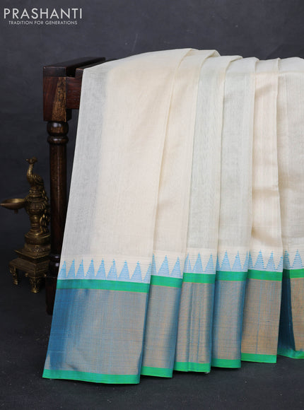 Cream & Green Silk Cotton Saree - Kuppadam