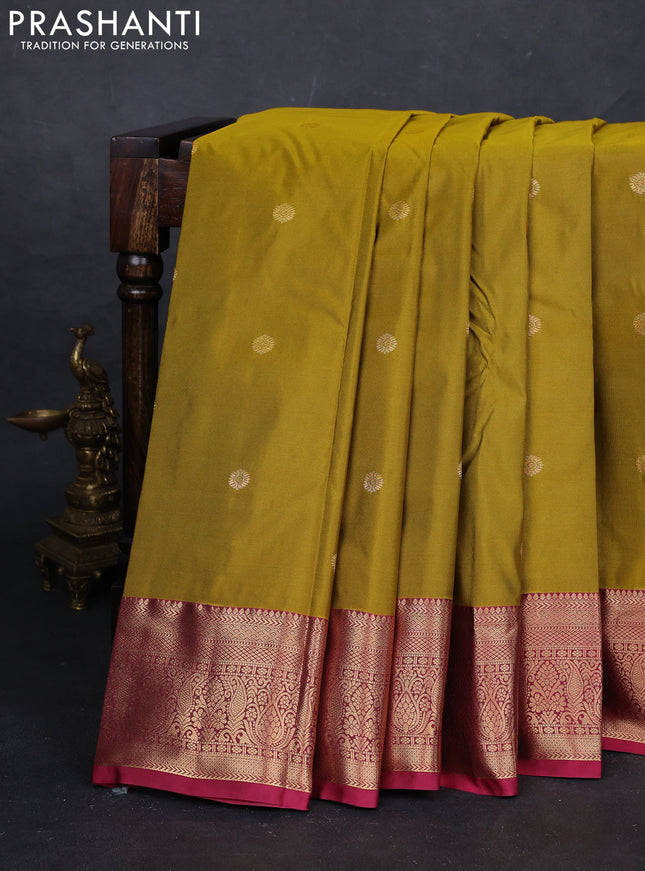 Mustard Green & Magenta Pink Bangalori Silk - Buttas
