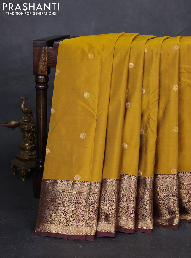 Mustard Yellow & Coffee Brown Bangalori Silk - Buttas