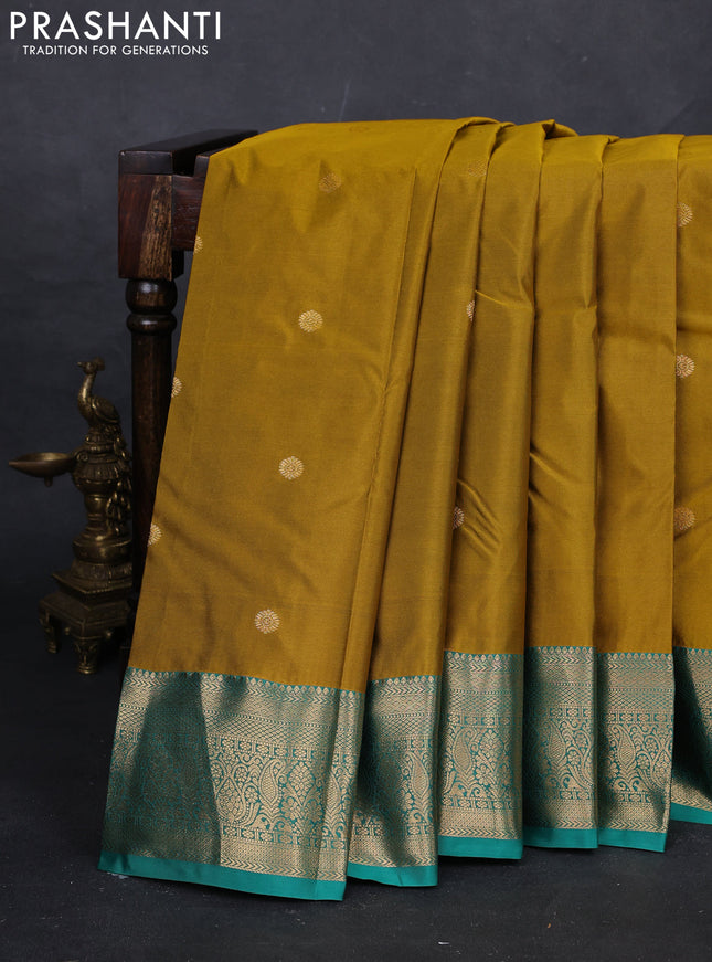 Mustard Yellow & Teal Green Bangalori Silk - Buttas