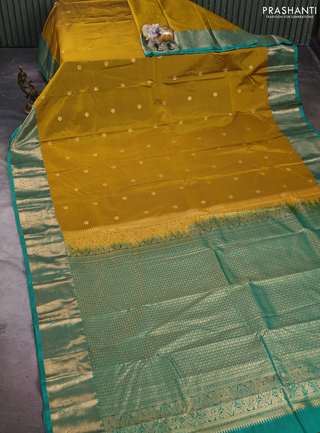 Mustard Yellow & Teal Green Bangalori Silk - Buttas