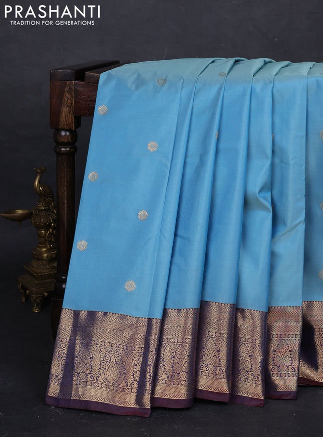 Blue & Coffee Brown Bangalori Silk - Buttas