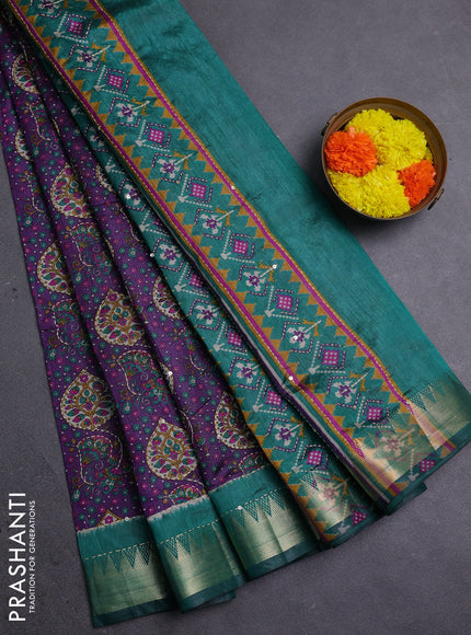 Purple & Green Semi Tussar Saree - Kantha Work