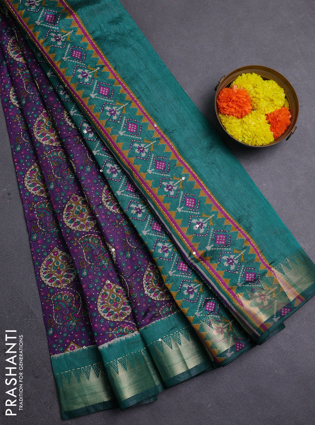 Purple & Green Semi Tussar Saree - Kantha Work