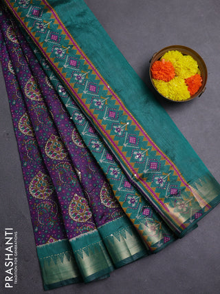 Purple & Green Semi Tussar Saree - Kantha Work