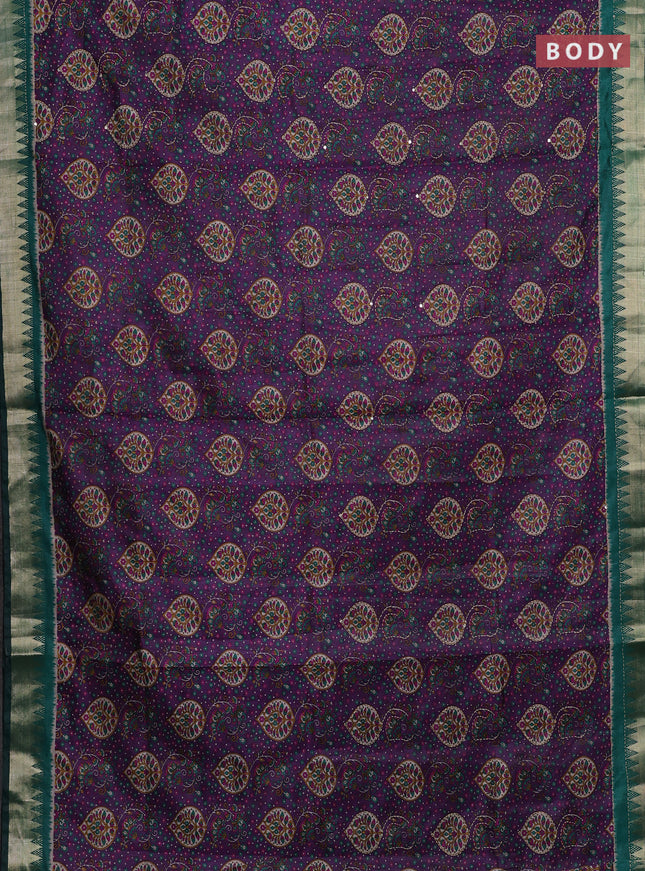 Purple & Green Semi Tussar Saree - Kantha Work