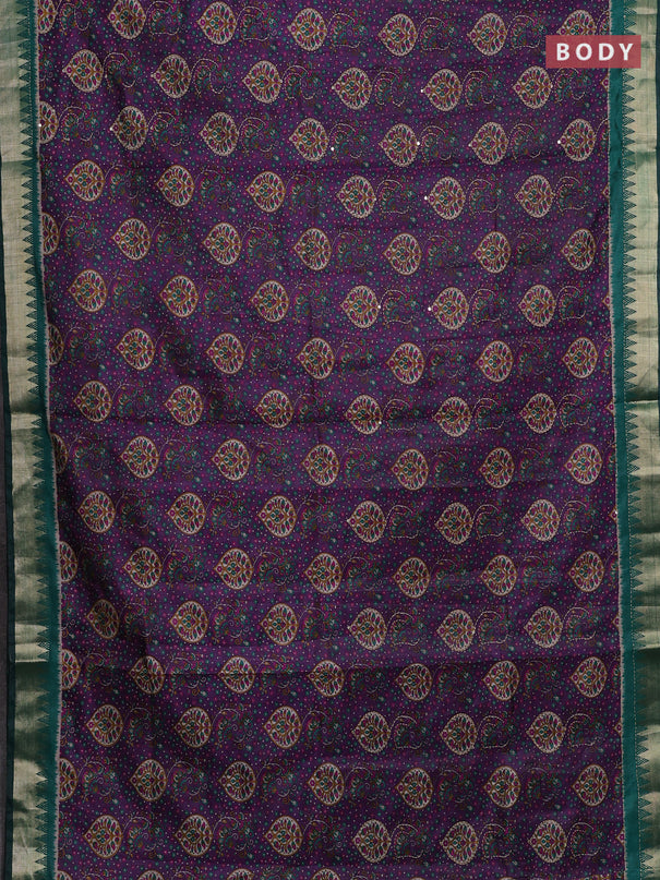 Purple & Green Semi Tussar Saree - Kantha Work