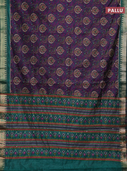 Purple & Green Semi Tussar Saree - Kantha Work