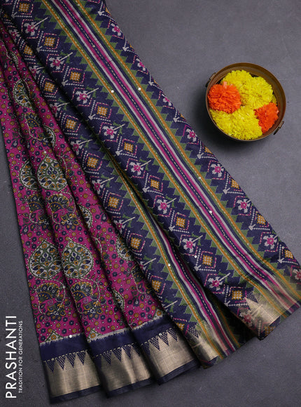 Magenta Pink & Navy Blue Semi Tussar Saree - Kantha Work