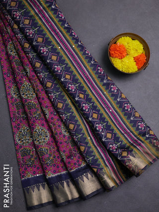 Magenta Pink & Navy Blue Semi Tussar Saree - Kantha Work