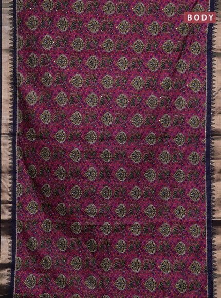 Magenta Pink & Navy Blue Semi Tussar Saree - Kantha Work
