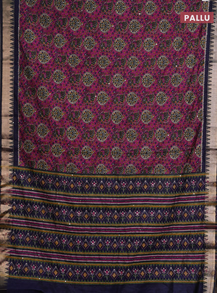 Magenta Pink & Navy Blue Semi Tussar Saree - Kantha Work