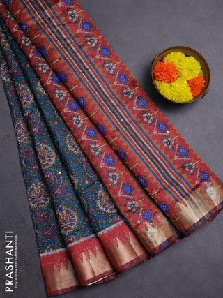 Bottle Green & Red Semi Tussar Saree - Kantha Work