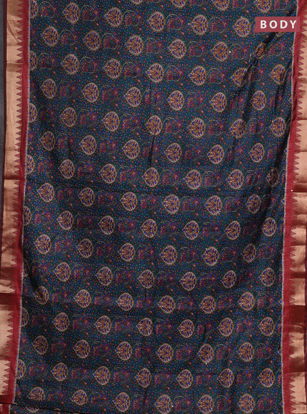 Bottle Green & Red Semi Tussar Saree - Kantha Work