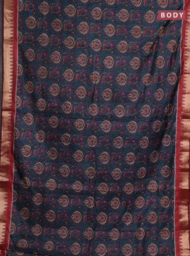 Bottle Green & Red Semi Tussar Saree - Kantha Work