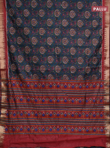 Bottle Green & Red Semi Tussar Saree - Kantha Work