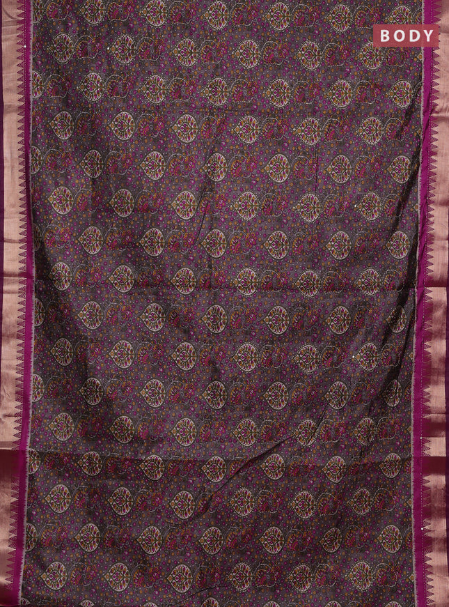 Grey & Magenta Pink Semi Tussar Saree - Kantha Work