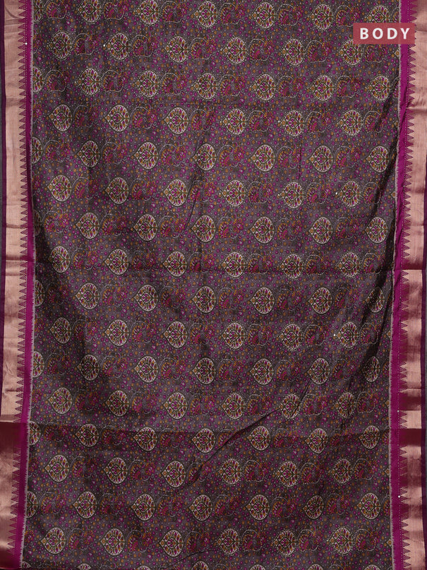 Grey & Magenta Pink Semi Tussar Saree - Kantha Work
