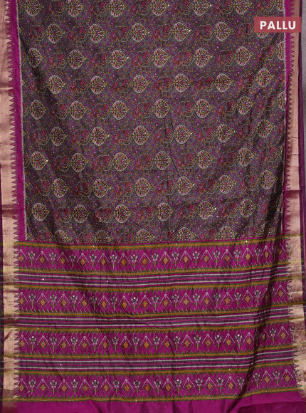 Grey & Magenta Pink Semi Tussar Saree - Kantha Work