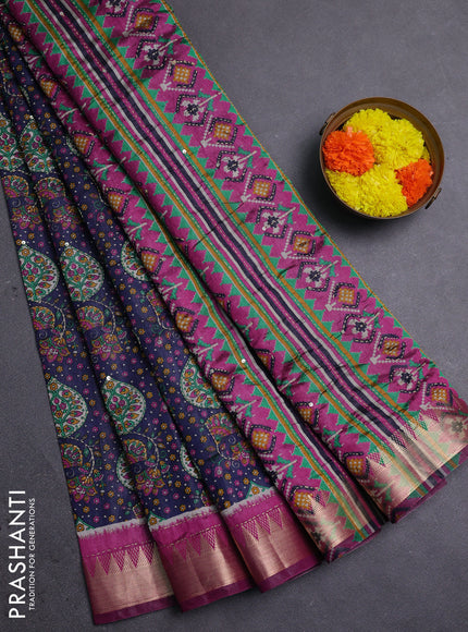 Navy Blue & Magenta Pink Semi Tussar Saree - Kantha Work