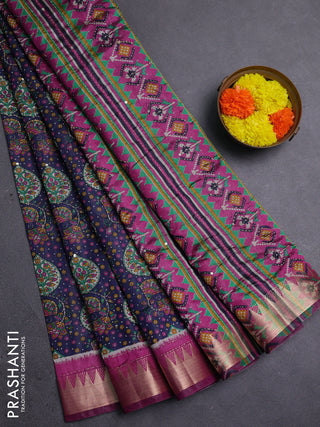Navy Blue & Magenta Pink Semi Tussar Saree - Kantha Work