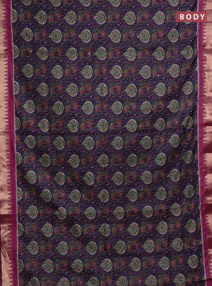 Navy Blue & Magenta Pink Semi Tussar Saree - Kantha Work