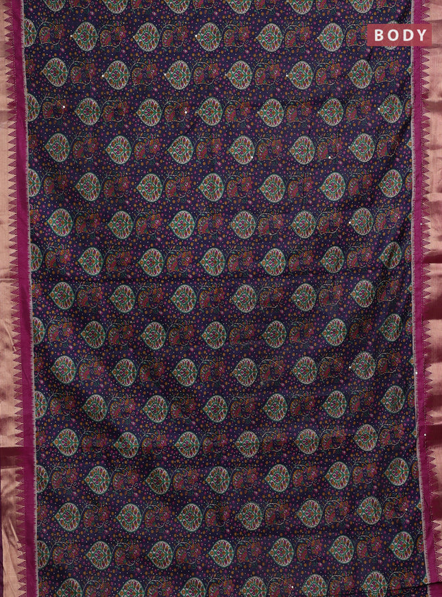 Navy Blue & Magenta Pink Semi Tussar Saree - Kantha Work