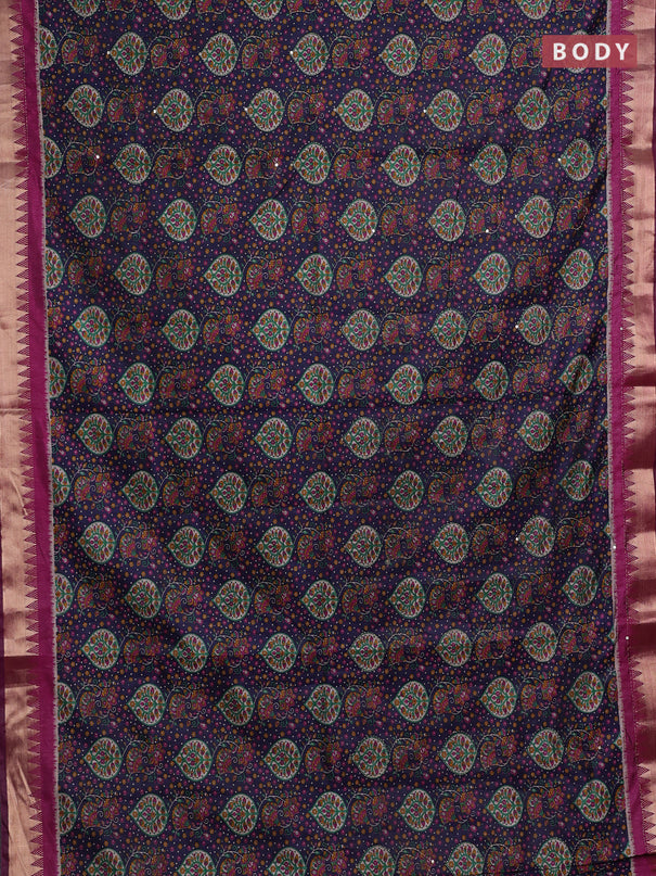 Navy Blue & Magenta Pink Semi Tussar Saree - Kantha Work