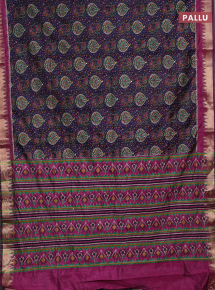 Navy Blue & Magenta Pink Semi Tussar Saree - Kantha Work