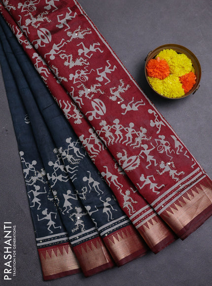 Peacock Blue & Maroon Semi Tussar Saree - Kantha Work